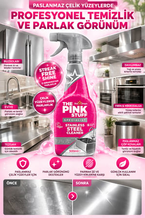 Paslanmaz Çelik Temizleyici Sprey 500 ml – İnox Yüzey Temizleyici, Parmak İzi ve Yağ Lekesi Giderici, İz Bırakmayan Çelik Parlatıcı