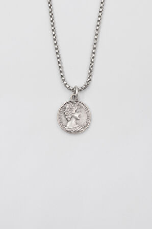 İngiliz Kraliçe II. Elizabeth Örme Zincir Kolye - Antik Gümüş Kaplama - Kadın Erkek - 60 cm