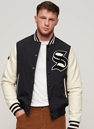 Siyah Erkek Normal Kalıp Desenli Ceket M5011857A12A_MASCOT VARSITY BOMBER