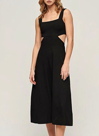 Superdry Kare Yaka Düz Siyah Midi Kadın Elbise W8011607A