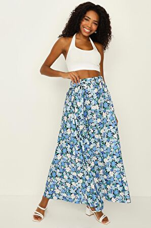 Kadın Çiçekli Kuşaklı Volanlı Uzun Etek