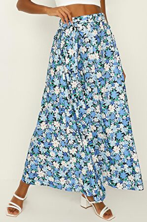 Kadın Çiçekli Kuşaklı Volanlı Uzun Etek