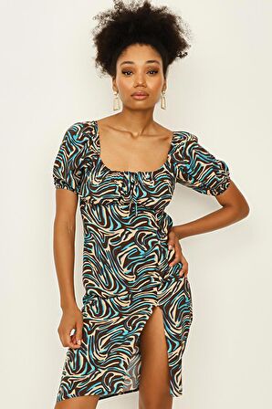 Kadın Desenli Kare Yaka Balon Kollu Elbise