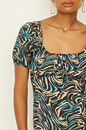 Kadın Desenli Kare Yaka Balon Kollu Elbise