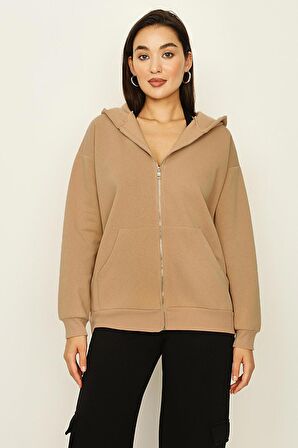 Kadın Kapüşonlu Fermuar Kapamalı Örme Sweatshirt