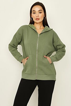 Kadın Kapüşonlu Fermuar Kapamalı Örme Sweatshirt