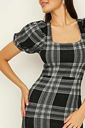 Kadın  Desenli Kare Yaka Balon Kollu Elbise