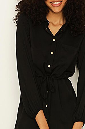 Kadın Çıtçıt Kapamalı Beli Büzgülü Gömlek Elbise