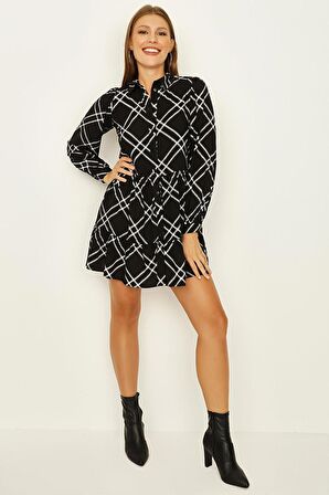 Kadın Kareli Önden Düğmeli Eteği Volanlı Gömlek Elbise