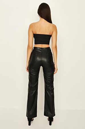 Kadın Deri Görünümlü Geniş Paça Pantolon