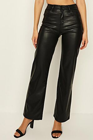 Kadın Deri Görünümlü Geniş Paça Pantolon