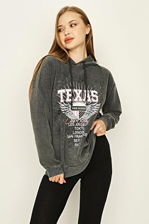 Kadın Antrasit Yıkamalı Önü Baskılı Kapüşonlu Sweatshirt