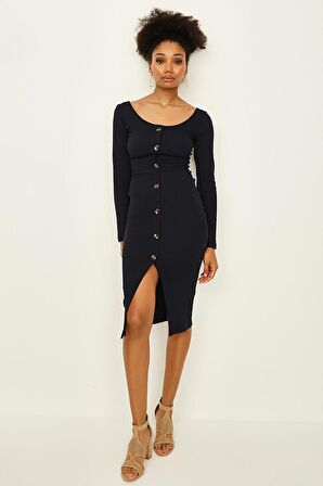 Kadın Yuvarlak Yaka Uzun Kollu Yırtmaçlı Kaşkorse Elbise