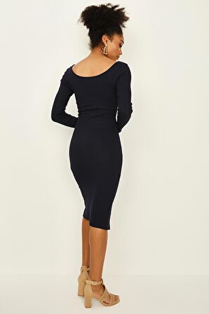 Kadın Yuvarlak Yaka Uzun Kollu Yırtmaçlı Kaşkorse Elbise