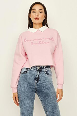 Kadın Gömlek Yaka Yazı Detaylı Sweatshirt