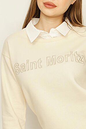 Kadın Gömlek Yaka Yazı Detaylı Sweat Elbise