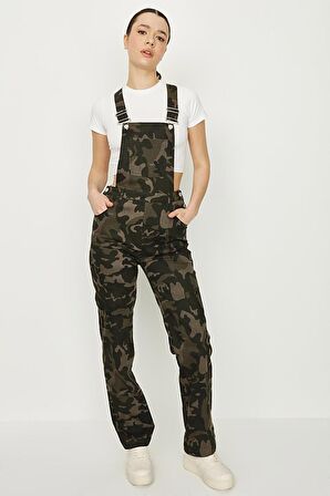 Kadın Kamuflaj Desenli Kargo Cepli Paçası Lastikli Bahçıvan Salopet