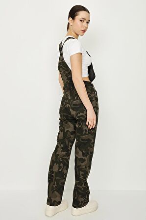 Kadın Kamuflaj Desenli Kargo Cepli Paçası Lastikli Bahçıvan Salopet