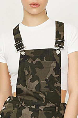 Kadın Kamuflaj Desenli Kargo Cepli Paçası Lastikli Bahçıvan Salopet