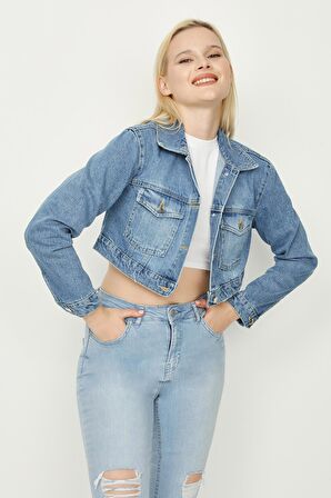 Kadın Düğmeli Crop Denim Ceket