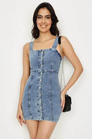 Kadın Düğme Kapamalı Askılı Mini Denim Elbise