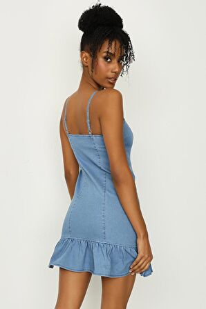 Kadın Askılı Eteği Volanlı Denim Elbise