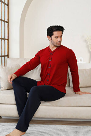 Erkek V Yaka Önden Düğmeli Pamuk Likra Mevsimlik Uzun Kol Cepli Pijama Takımı