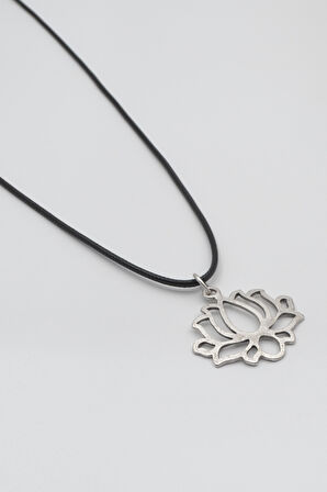 Lotus Çiçeği Siyah Deri İp Kolye - Antik Gümüş Kaplama - Kadın Erkek - 60 cm