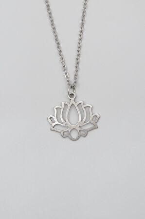 Lotus Çiçeği Düz Ezme Zincir Kolye - Antik Gümüş Kaplama - Kadın Erkek - 60 cm