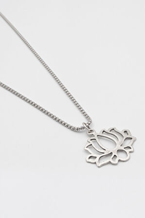 Lotus Çiçeği Örme Zincir Kolye - Antik Gümüş Kaplama - Kadın Erkek - 60 cm