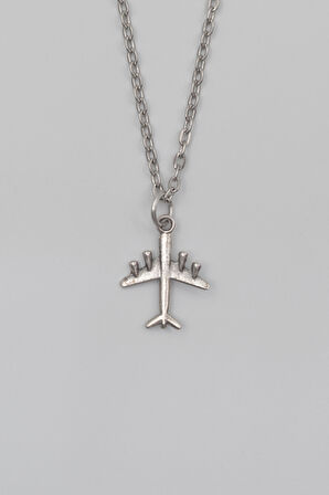 Küçük Uçak Düz Ezme Zincir Kolye - Antik Gümüş Kaplama - Kadın Erkek - 60 cm