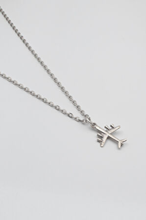 Küçük Uçak Düz Ezme Zincir Kolye - Antik Gümüş Kaplama - Kadın Erkek - 60 cm