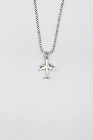 Küçük Uçak Örme Zincir Kolye - Antik Gümüş Kaplama - Kadın Erkek - 60 cm