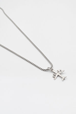 Küçük Uçak Örme Zincir Kolye - Antik Gümüş Kaplama - Kadın Erkek - 60 cm