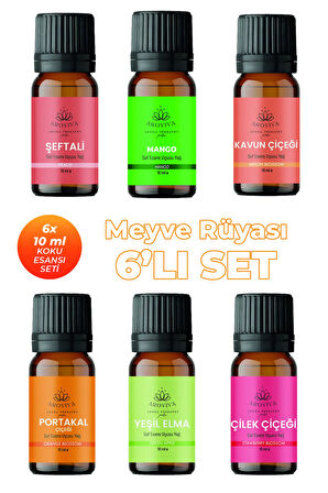 Meyve Rüyası Oda Kokusu 6'Lı Set- Doğal Esansiyel Uçucu Yağ, Difüzör Esansı, Buhurdanlık Yağı Meyve Rüyası Esansiyel Uçucu Koku Yağı Buhurdanlık Yağı Difüzör Esansı 6'Lı Set 6x10ml