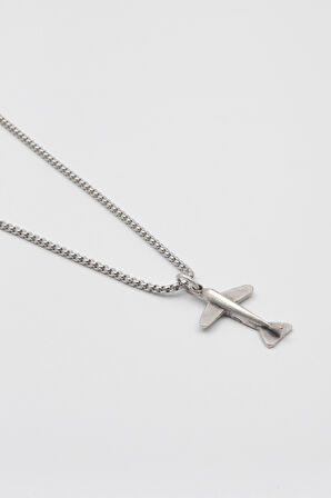 Minimal Uçak Örme Zincir Kolye - Antik Gümüş Kaplama - Kadın Erkek - 60 cm