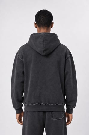 Erkek Pis Dikiş Detaylı Yıkamalı Basic Oversize Hoodie Siyah