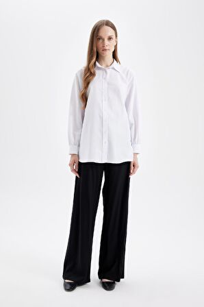 DeFacto Beyaz Relax Fit Gömlek Yaka Poplin Basic Düz Uzun Kollu Gömlek Tunik D4159AX24AUWT83