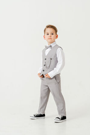 Erkek Çocuk Yelekli Slim Fit Takım Elbise – 4 Parça (Yelek, Pantolon, Gömlek, Papyon) TE.7026