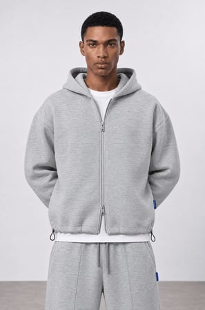 Erkek Lastik Detaylı Panda Oversize Zip Gri Melanj