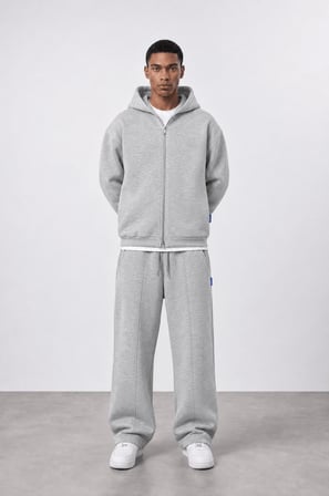 Erkek Lastik Detaylı Panda Oversize Zip Gri Melanj