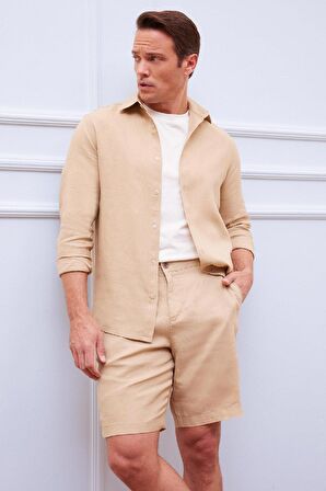 DeFacto %100 Keten Regular Fit Polo Yaka Yazlık Uzun Kollu Gömlek D9925AX25SPBG732