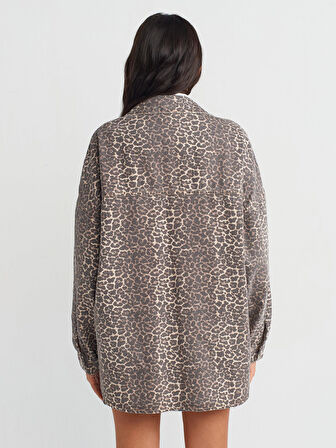  Leopar Desen Oversize Denim Gömlek-Kahve