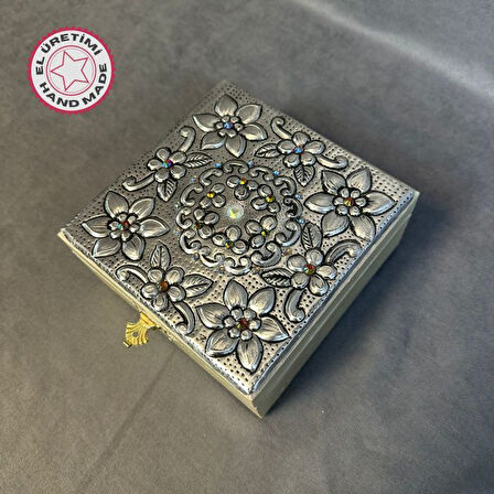 Uretti - Hülya 6683 5753 El Yapımı Alüminyum Kapaklı Bej Dekoratif Takı Saklama Kutusu