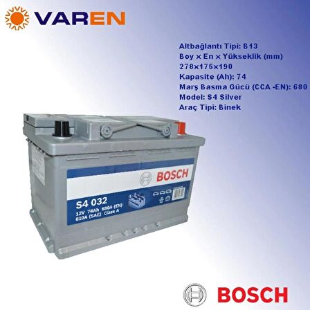 Bosch 12V 74 Ah Amper Akü 680 En (Standart 72 Amper Ebatında)