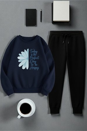Unisex Today is The Perfect Tasarım Basklı Bisiklet Yaka Sweatshirt - 2'li Eşofman Takımı
