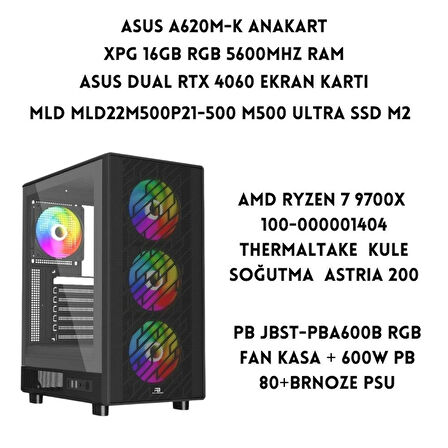 LYSERG PB A600B RGB Fan Kasa Amd Ryzen 7 9700X 16 GB Ram 500 GB SSD Asus Dual RTX 4060 W11 Pro