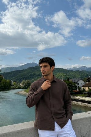 Erkek Nefes Alabilen Oversize Modal Gömlek Koyu Kahve