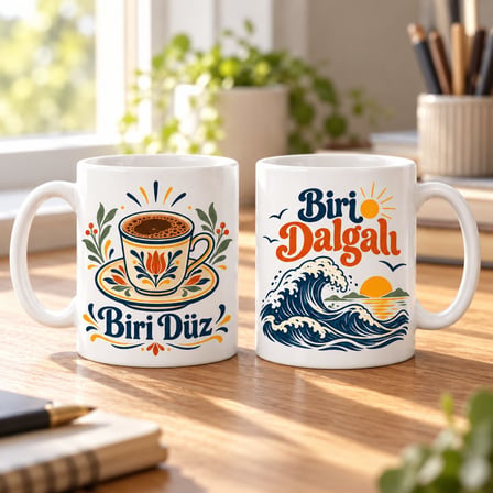 Biri Düz ve Biri Dalgalı 2'li Porselen Kupa Seti - MODEL 545