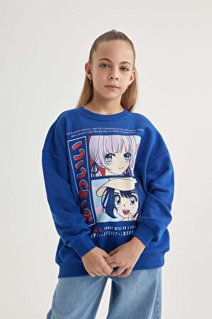 DeFacto Kız Çocuk Relax Fit Bisiklet Yaka Baskılı Sweatshirt B4673A823WNBE169